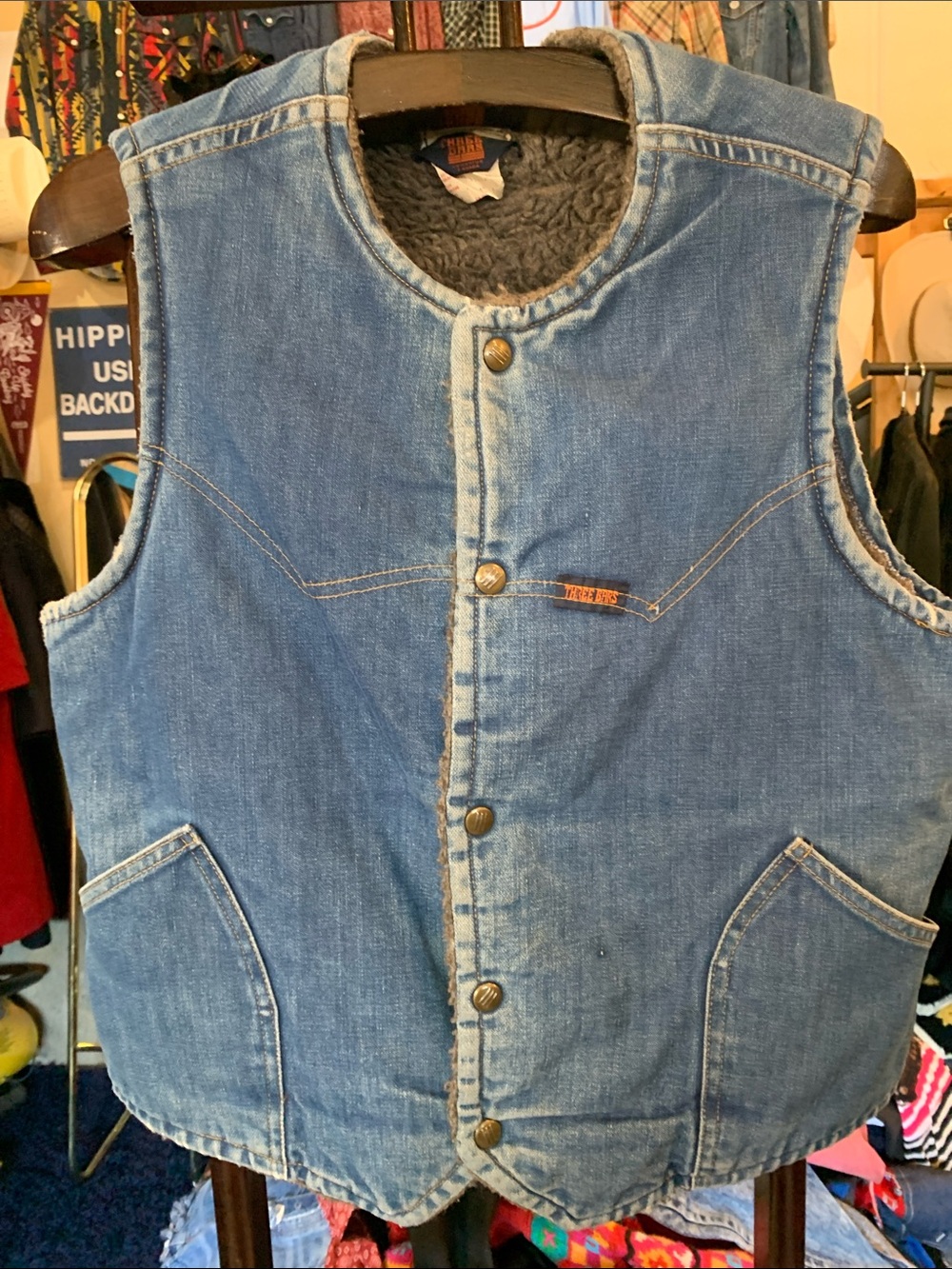 Men's Vintage Three Bars Denim Sherpa-Lined Vest - Blue